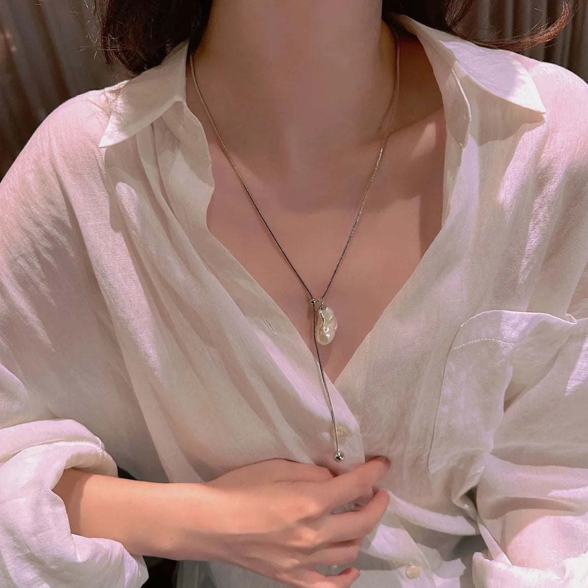 Collier Long Perles Baroques Ajustable