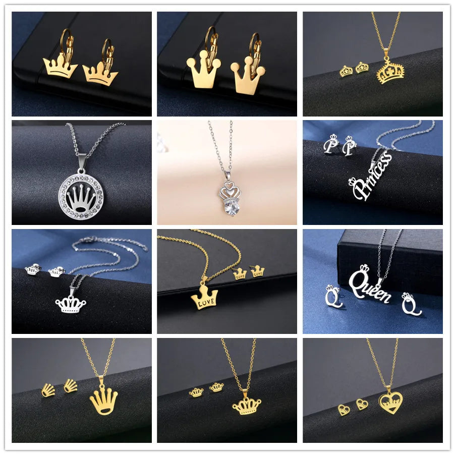 Ensemble Collier Choker Couronne et Boucles d'Oreilles Cristal